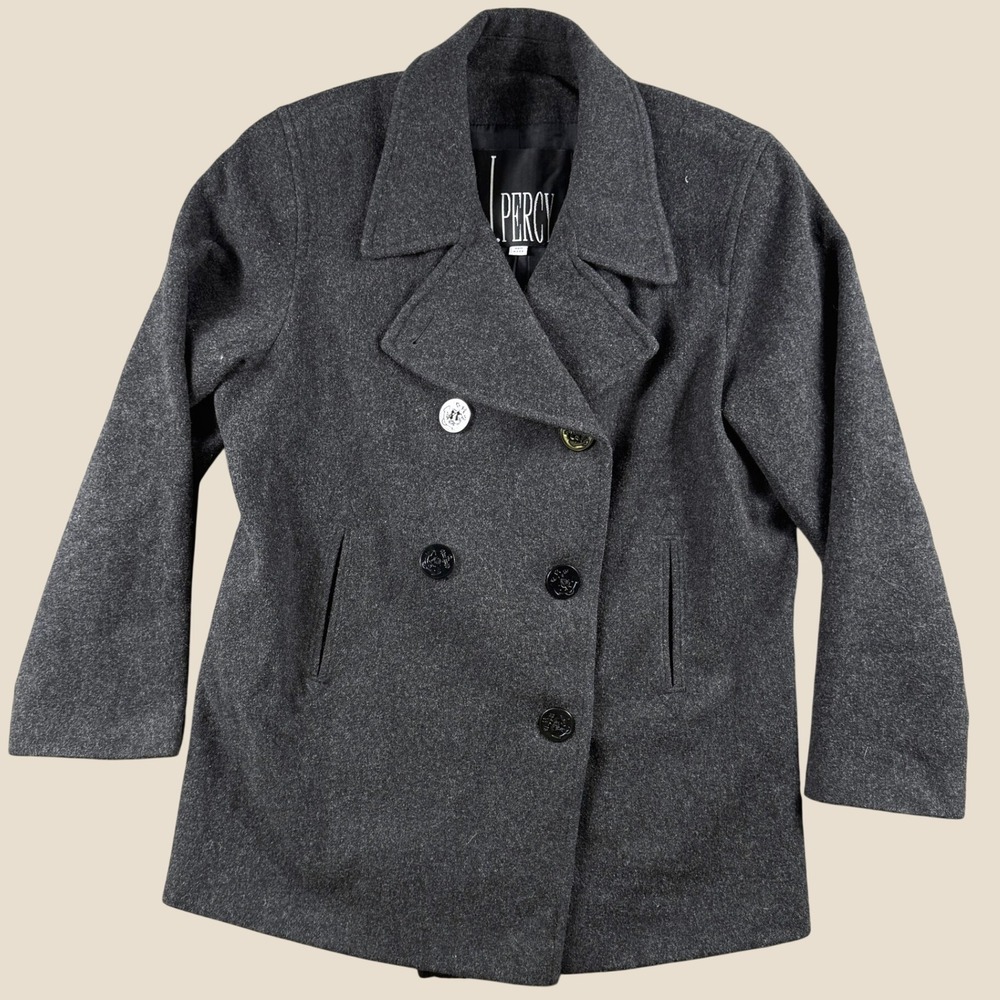 Vintage J. Percy Pea Coat Women 10 Gray Merino Wool Double Breasted Retro Warm